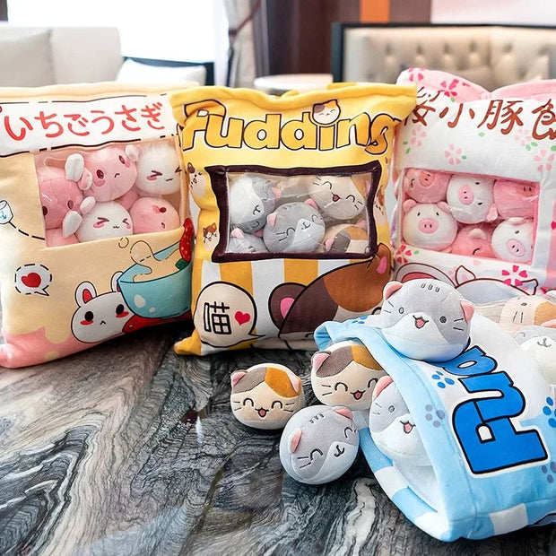 A Plushie Bag Pudding Stuffed Cat Paw Rabbit Toys Animals Bubble Tea Candy Bag for Christmas Birthday Gift KAEMEX