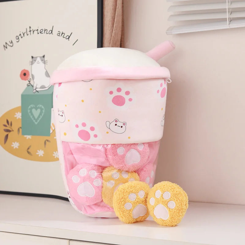 A Plushie Bag Pudding Stuffed Cat Paw Rabbit Toys Animals Bubble Tea Candy Bag for Christmas Birthday Gift KAEMEX